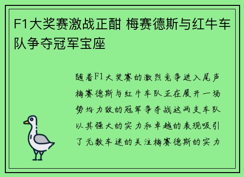 F1大奖赛激战正酣 梅赛德斯与红牛车队争夺冠军宝座