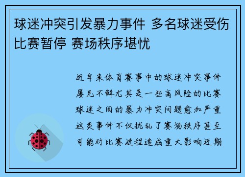 球迷冲突引发暴力事件 多名球迷受伤比赛暂停 赛场秩序堪忧