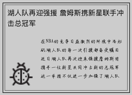 湖人队再迎强援 詹姆斯携新星联手冲击总冠军